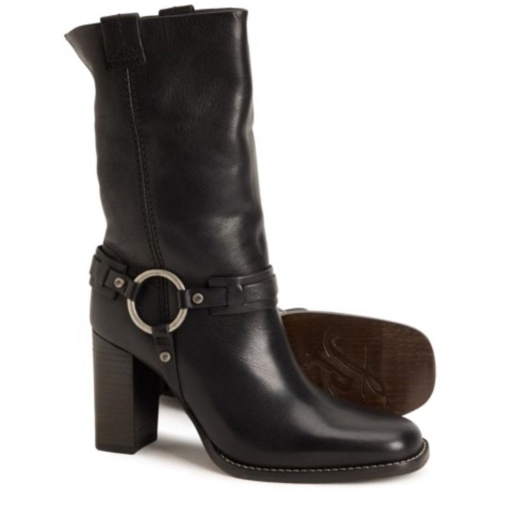 🖤🦋 Free People Black Leather Mid-Calf Hayden Harness Heel Boots